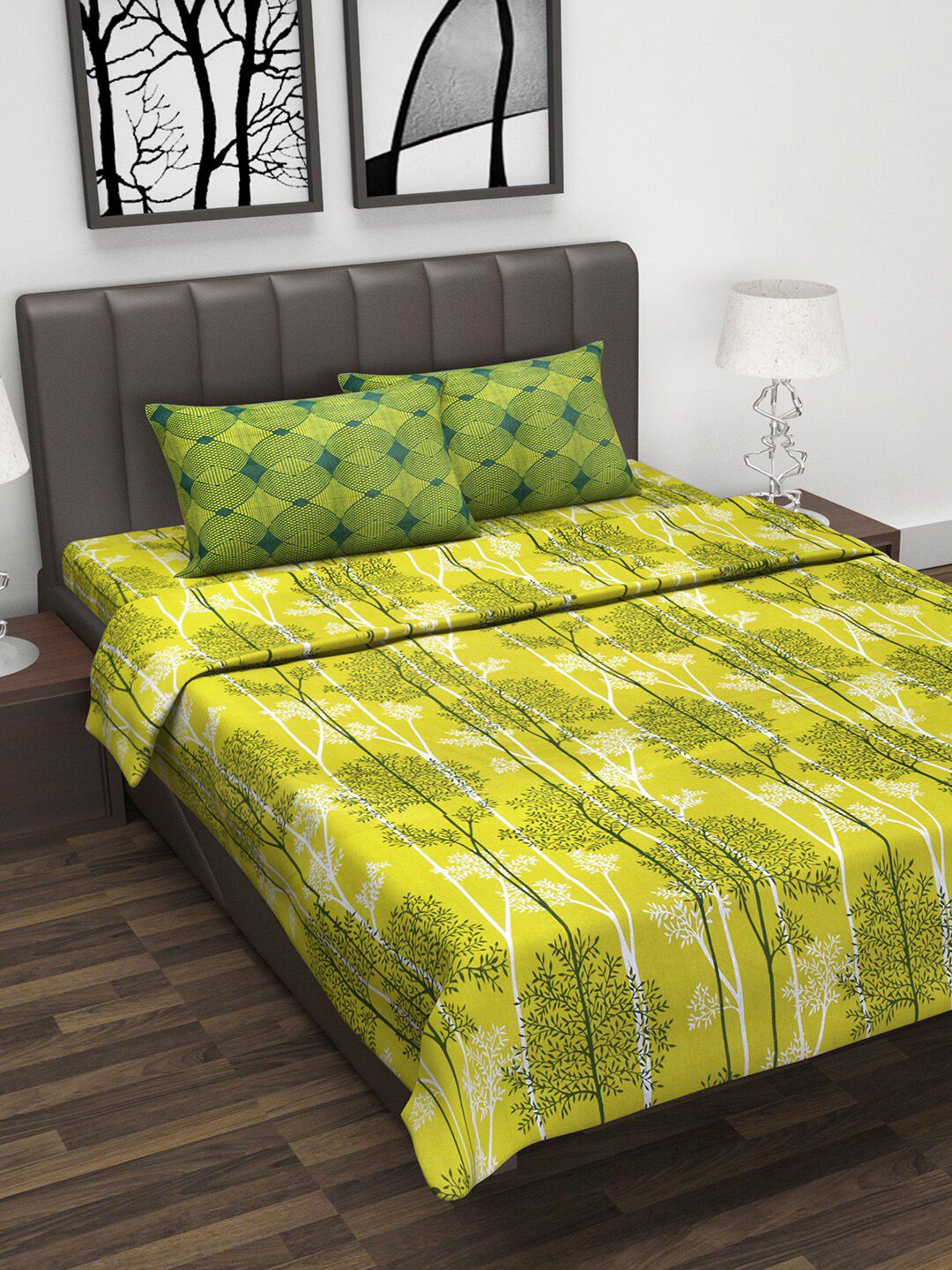 Divine Casa Green & Yellow Printed Double Queen Bedding Set With Dohar Price in India