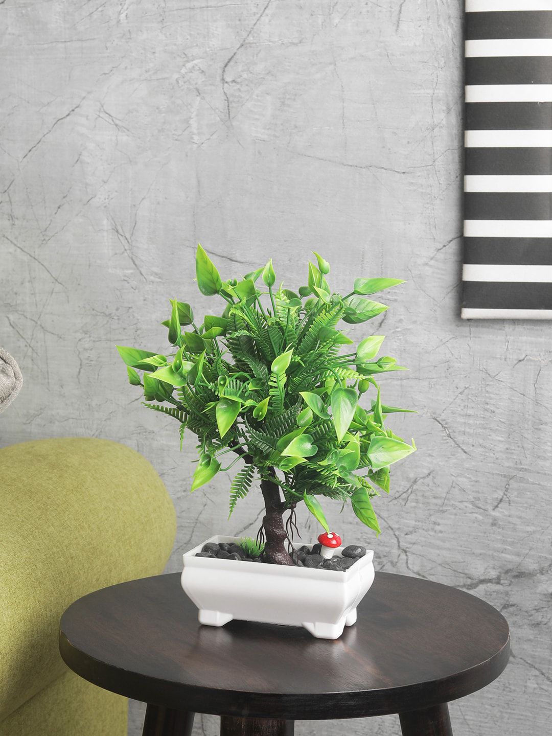 FOLIYAJ Green Artifical 3 Branched Bonsai Tree With White Pot Price in India