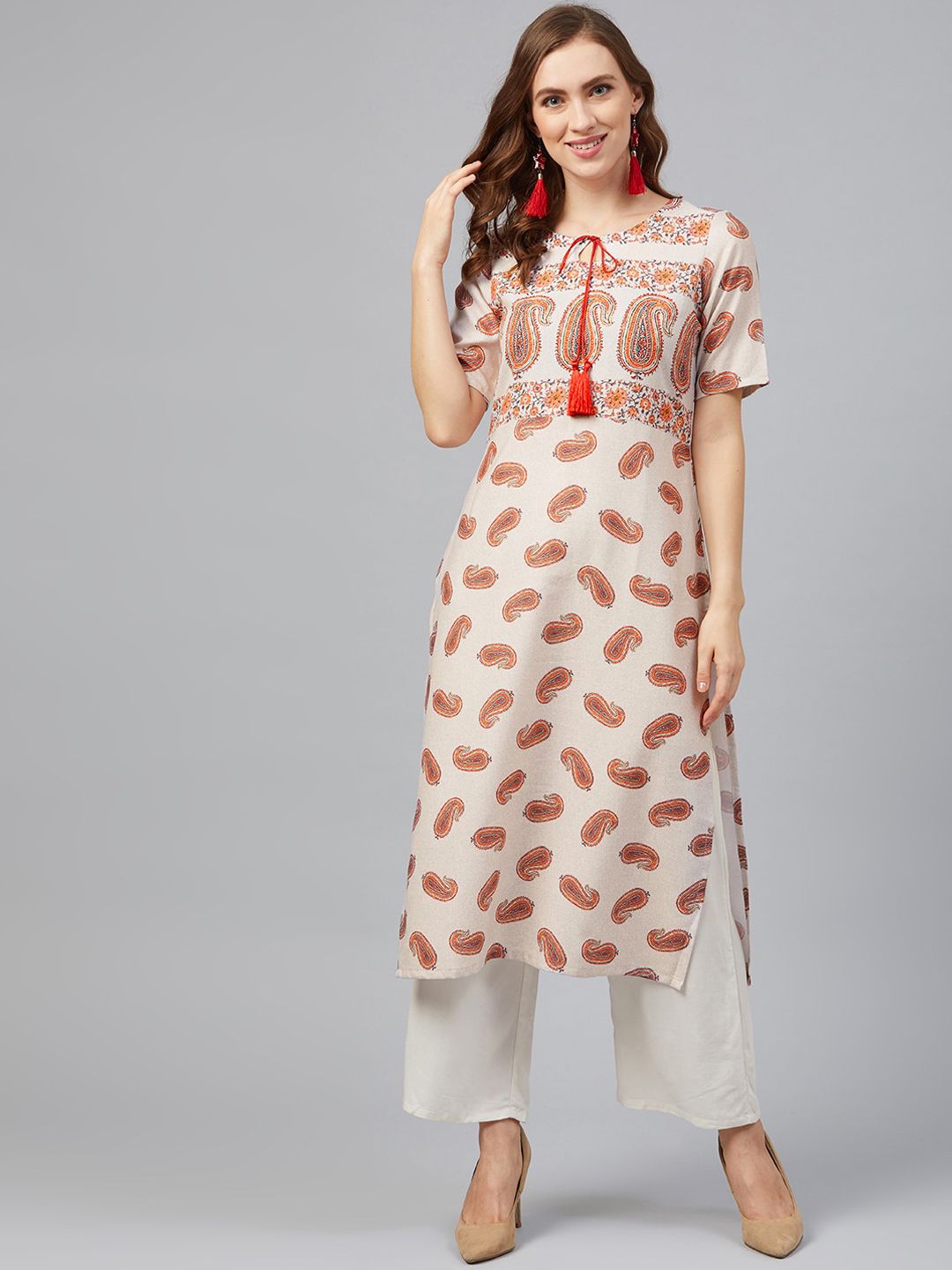 ZIYAA Women Cream-Coloured Printed Straight Kurta