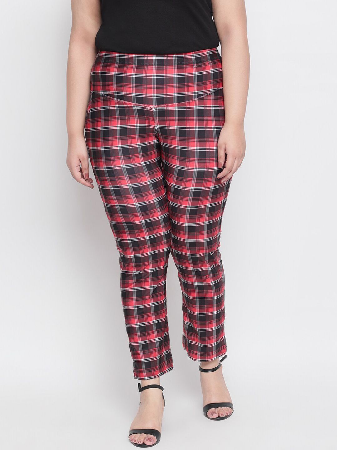 Amydus Women Plus Size Red & Black Regular Fit Checked Tummy Shaper Regular Trousers Price in India