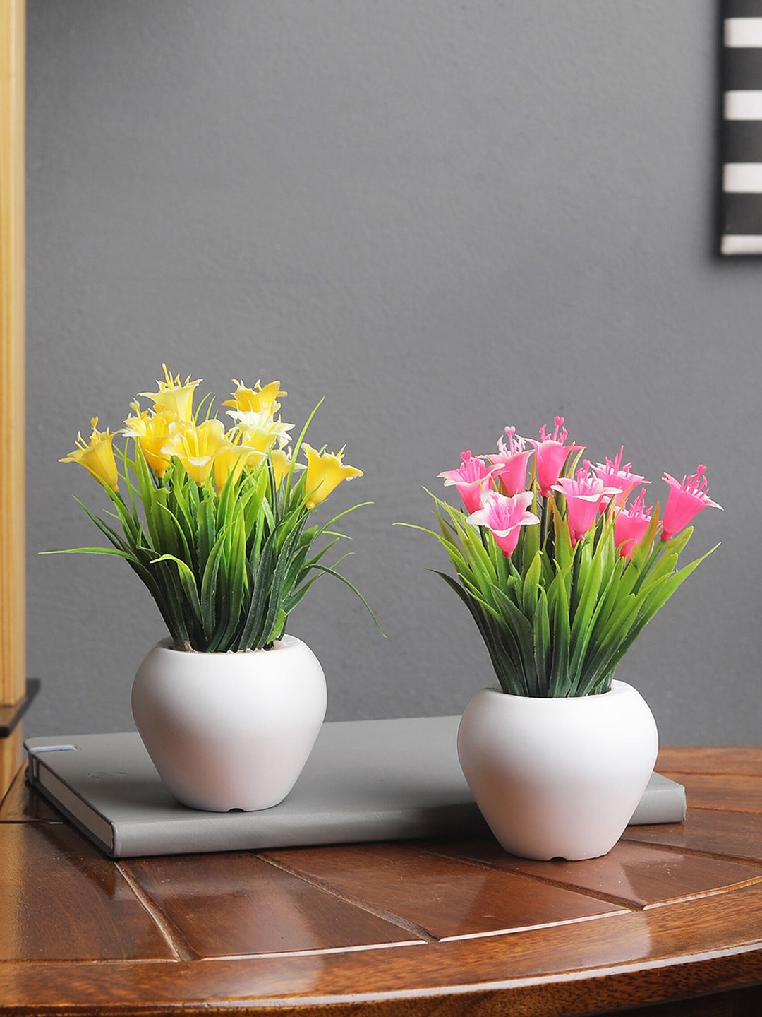 FOLIYAJ Set Of 2 Yellow & Pink Artifical Mini Lily Flower Plants With White Pots Price in India
