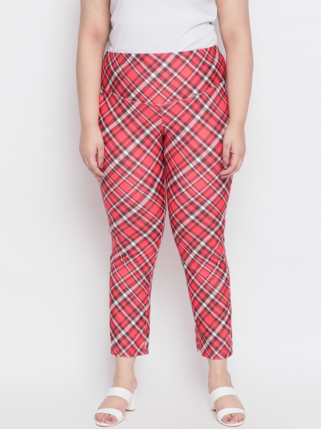 Amydus Women Plus Size Red & White Regular Fit Printed Tummy Shaper Regular Trousers Price in India