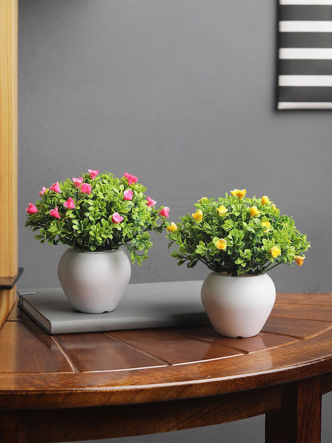 FOLIYAJ Set Of 2 Pink & Yellow Artifical Flower Plants With White Pots Price in India