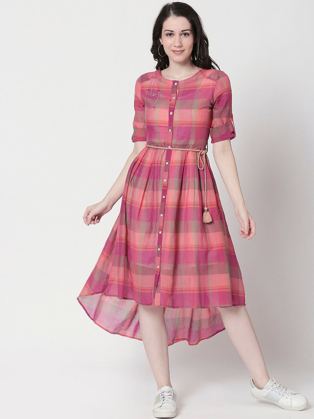 TERQUOIS Pink Checked Pure Cotton Fit and Flare Dress Price in India