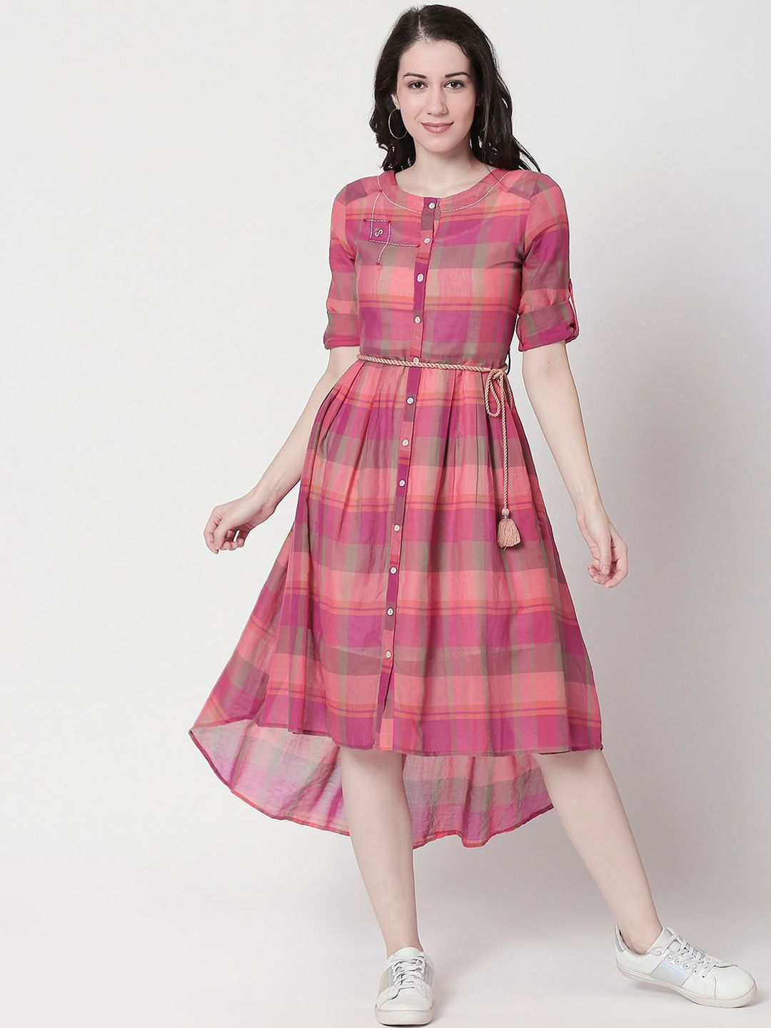 TERQUOIS Women Pink Checked Fit and Flare Dress