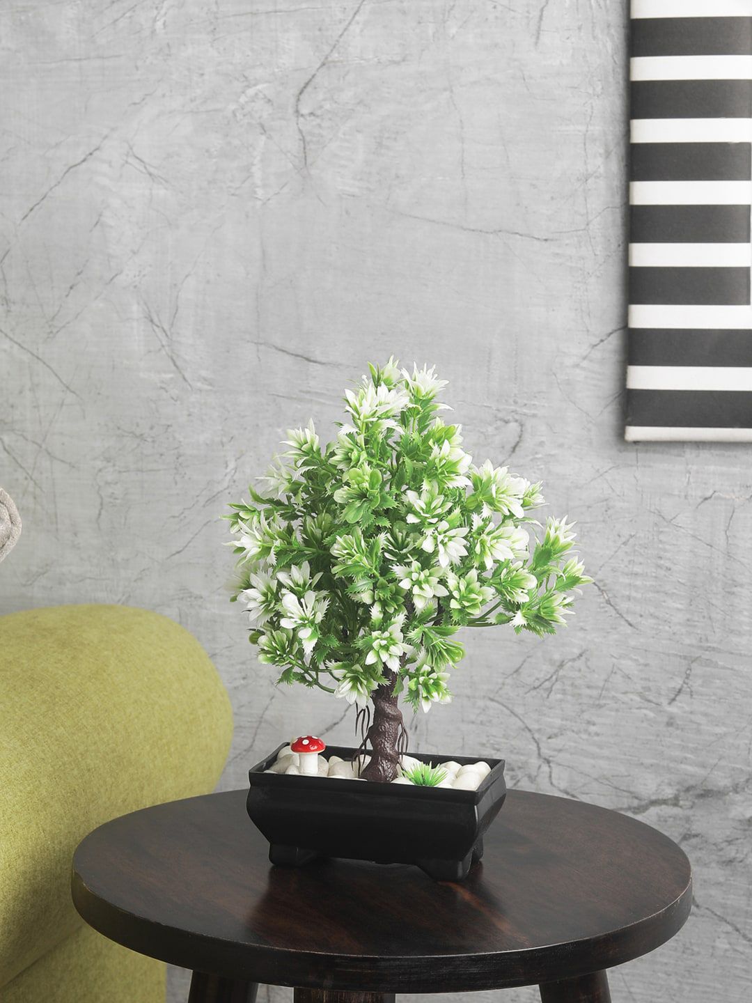 FOLIYAJ Green & White Artifical 3 Branched Bonsai Tree With Leaves & Black Pot Price in India