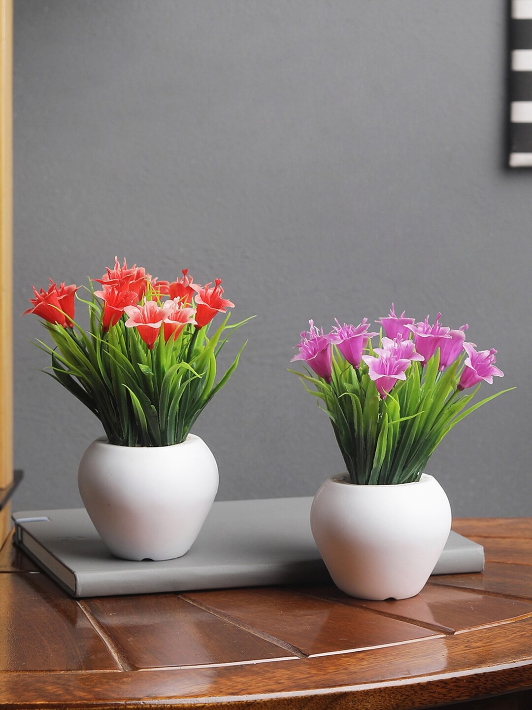 FOLIYAJ Set Of 2 Red & Purple Artifical Lily Flower Plants With Leaves & White Pots Price in India