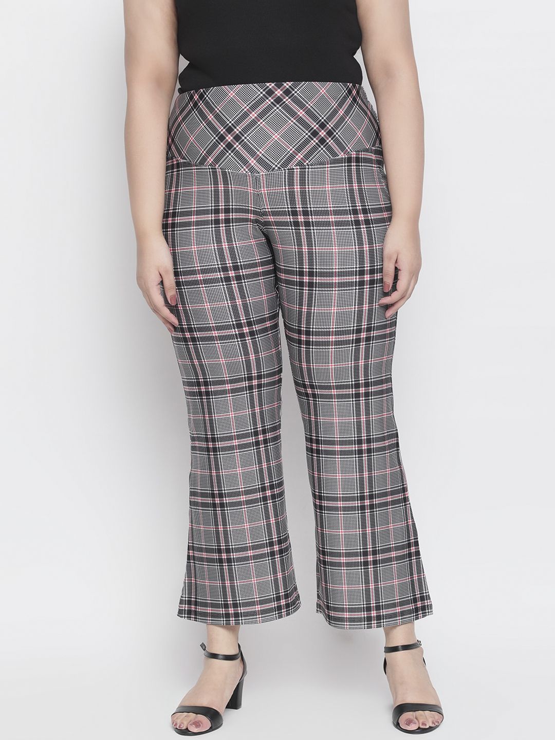 Amydus Women Plus Size Black & Pink Regular Fit Checked Tummy Shaper Parallel Trousers Price in India