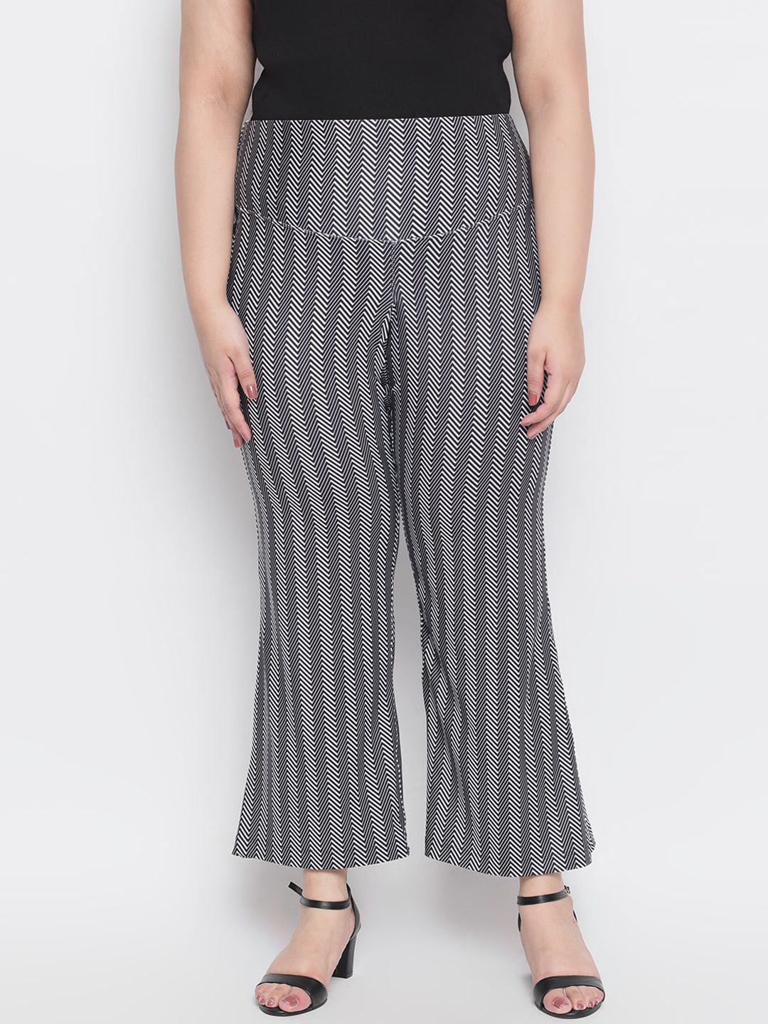 Amydus Women Plus Size Black & Grey Regular Fit Striped Tummy Shaper Parallel Trousers Price in India