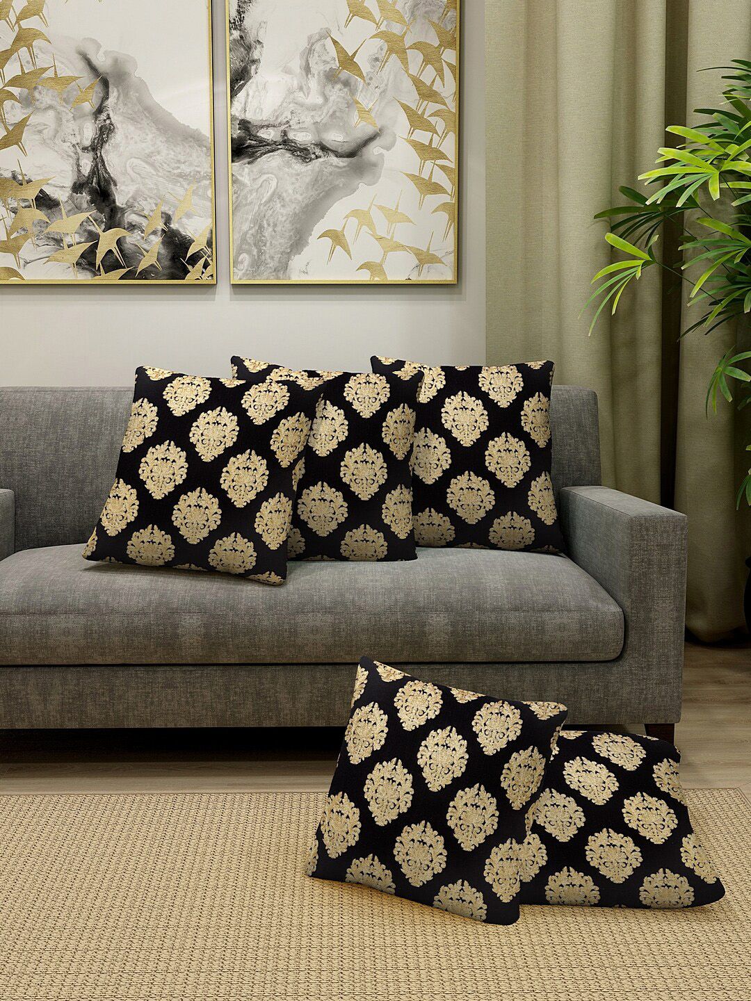 KLOTTHE Black & Beige Set of 5 Embroidered Square Cushion Covers Price in India