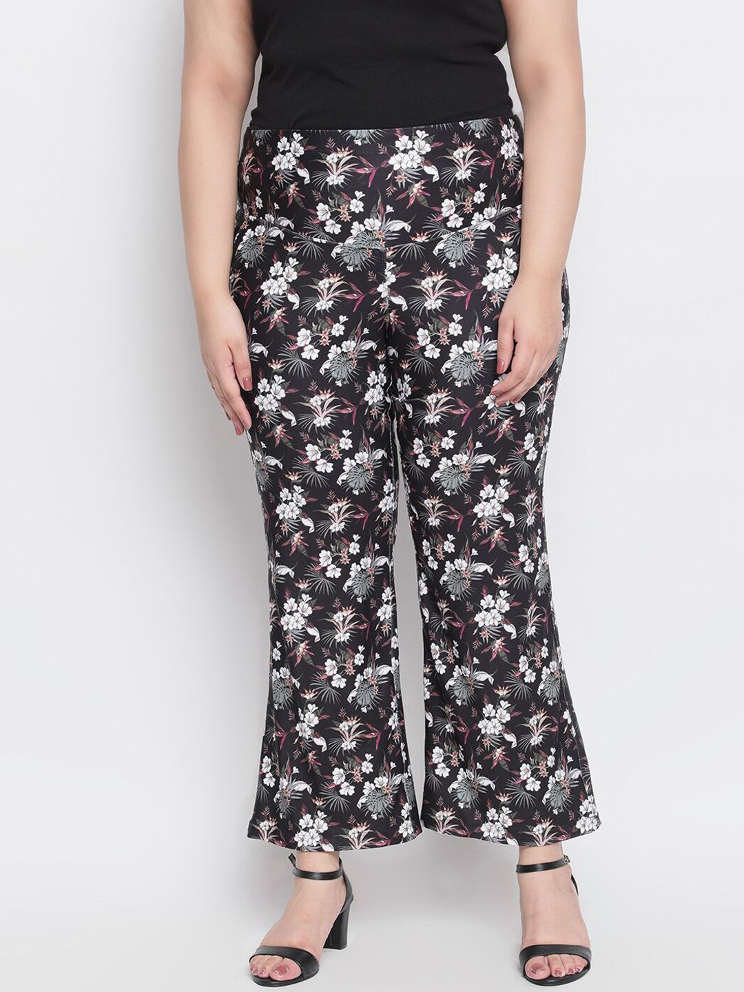 Amydus Women Plus Size Black & White Regular Fit Floral Printed Tummy Shaper Trousers Price in India