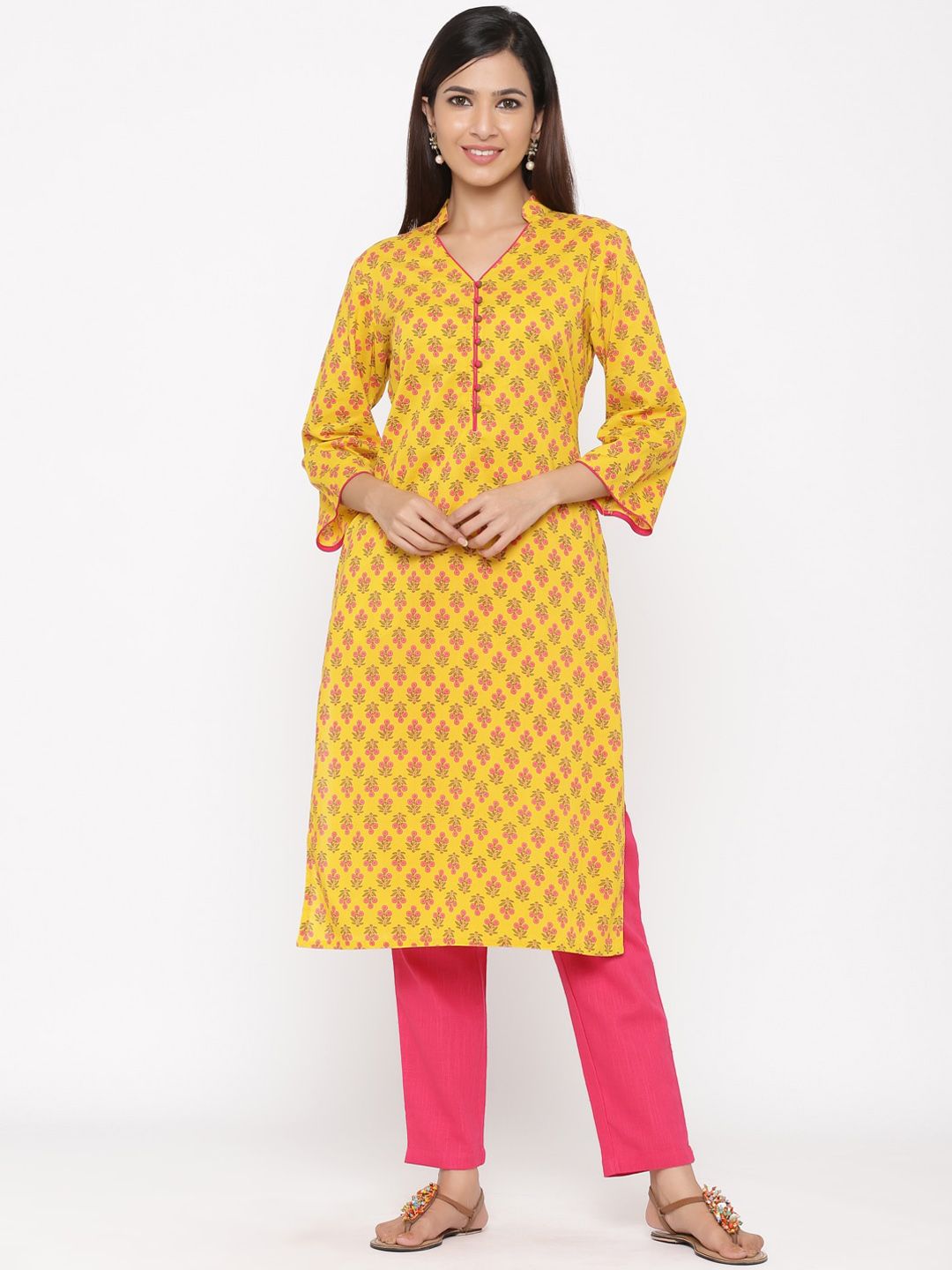Jaipur Kurti Women Yellow & Pink Floral Printed Straight Kurta Price in India