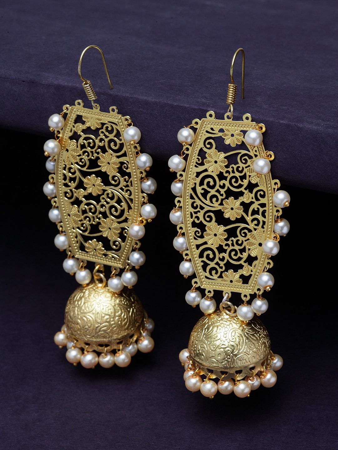 PANASH Gold-Plated & White Pearls Classic Jhumkas Price in India