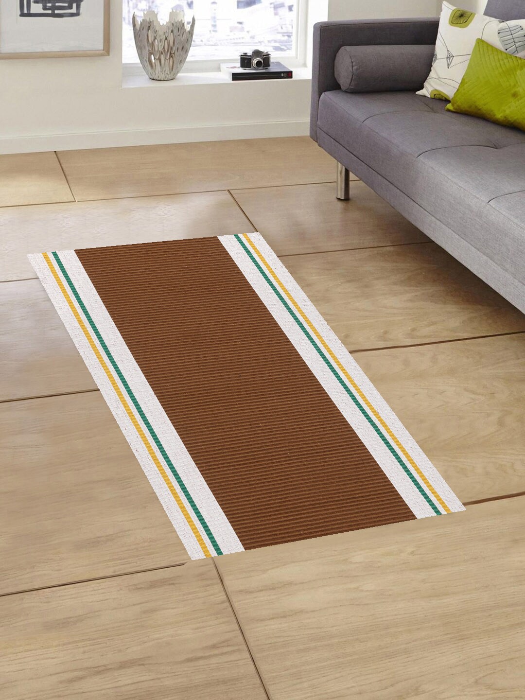 KLOTTHE Set of 2 Olive Brown & White Striped Anti-Skid Floor Mats Price in India
