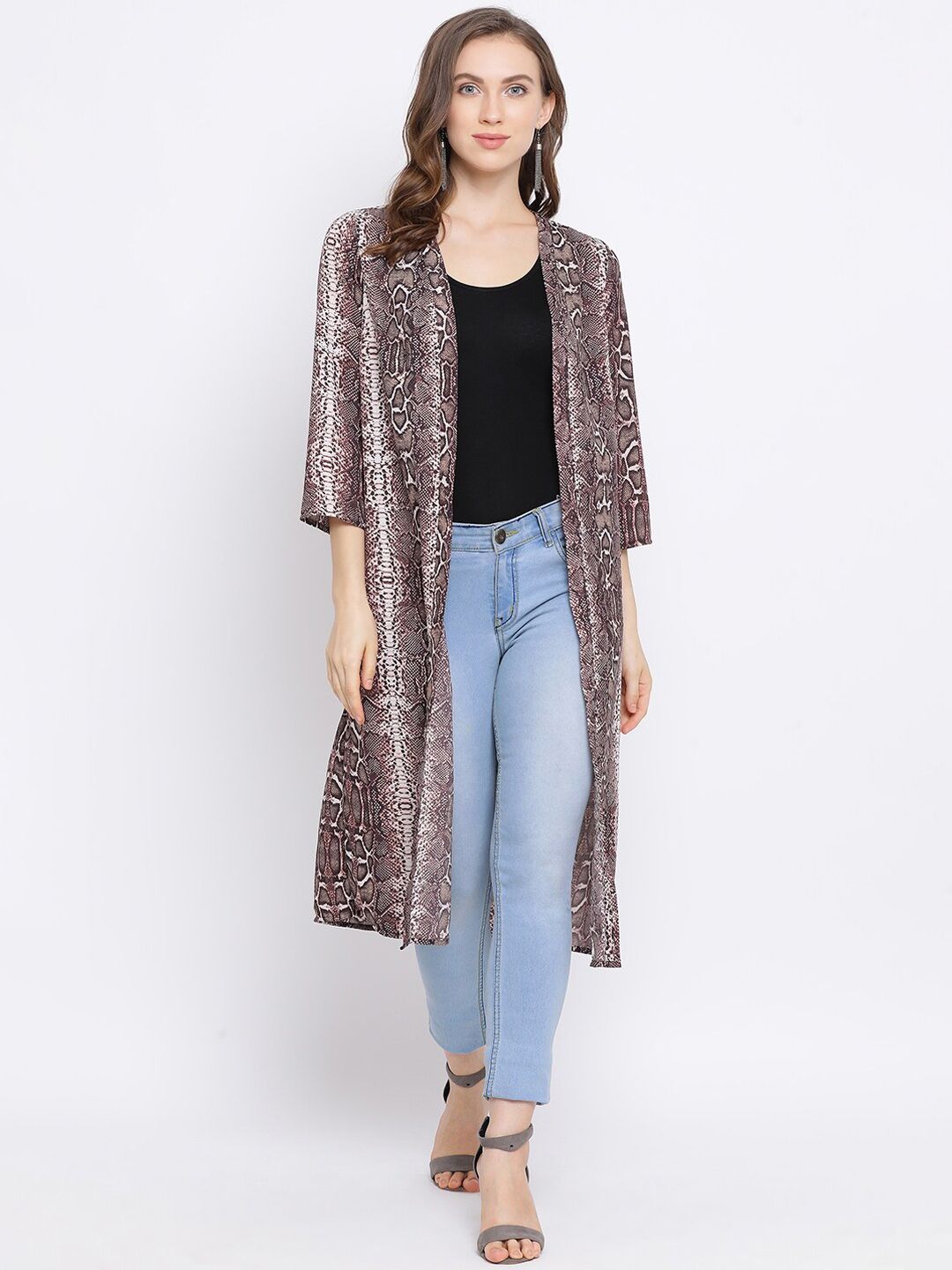 Oxolloxo Women Brown & White Printed Open Front Shrug Price in India