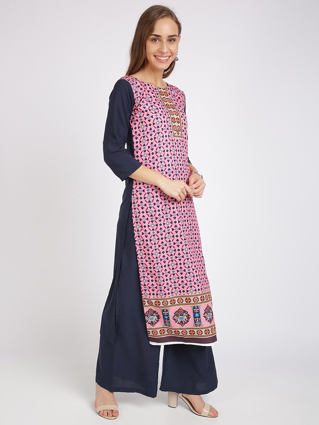 Silk Bazar Women Navy Blue & Pink Printed Kurta with Palazzos