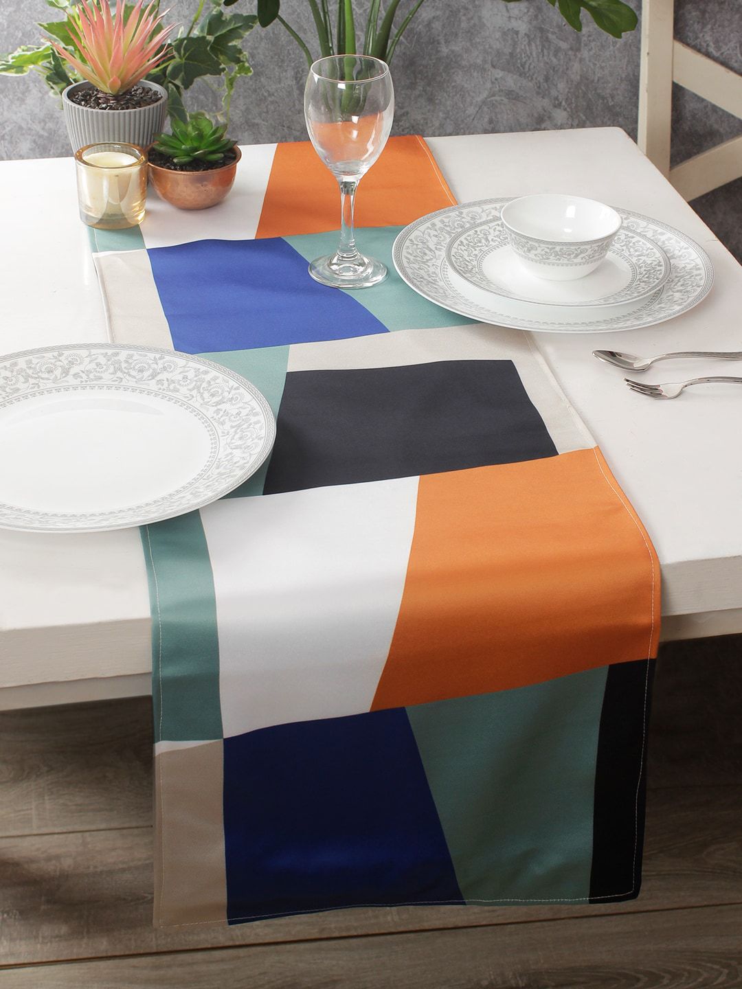HOUZZCODE White & Blue Abstract Printed Table Runner Price in India
