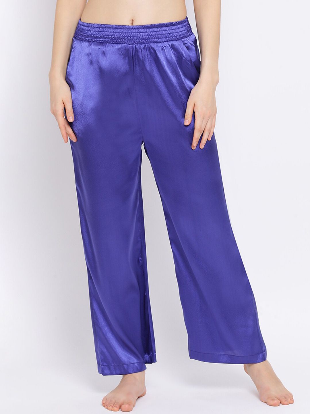 Oxolloxo Women Blue Satin Finish Solid Lounge Pants Price in India