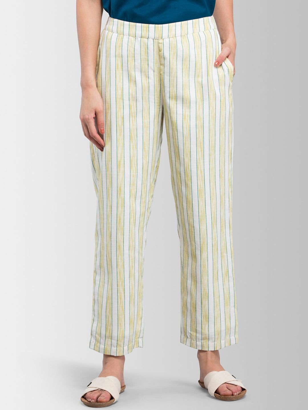 FableStreet Women Yellow & Blue Loose Fit Striped Regular Trousers