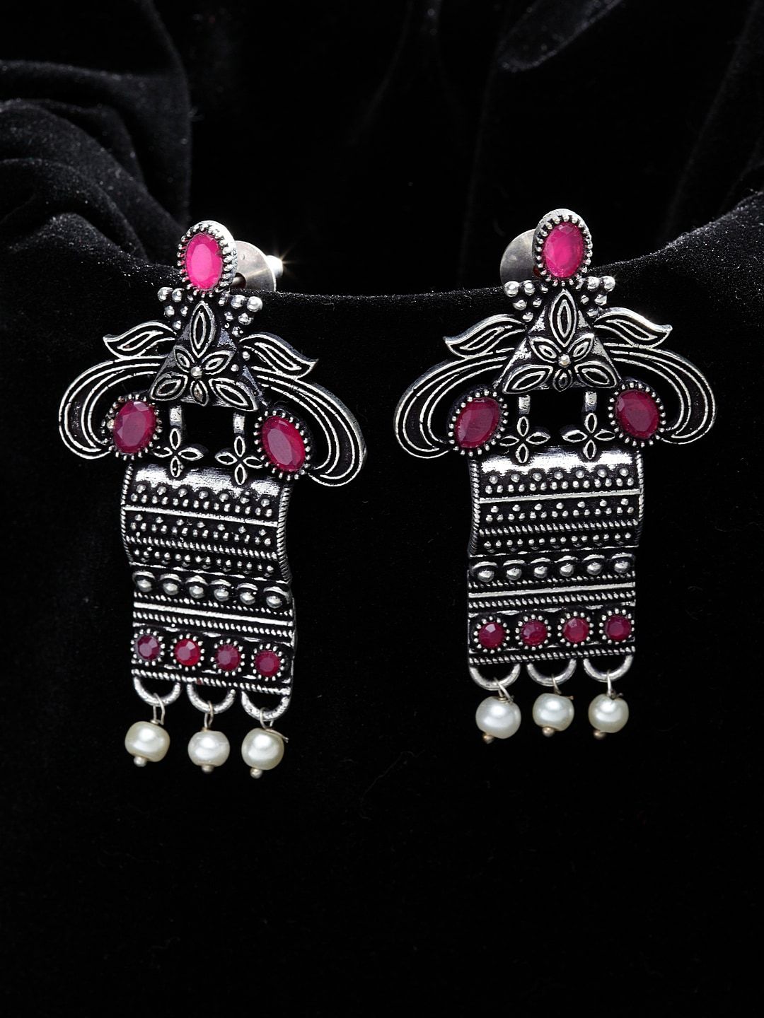 PANASH Silver-Plated & Pink Contemporary Drop Earrings Price in India