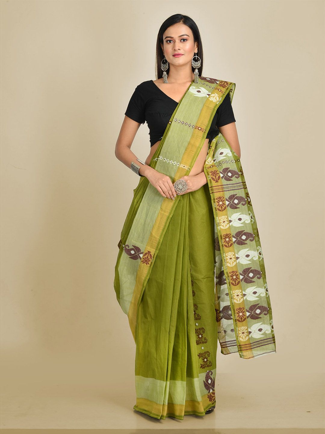 Mitera Green Pure Cotton Handloom Woven Design Taant Saree