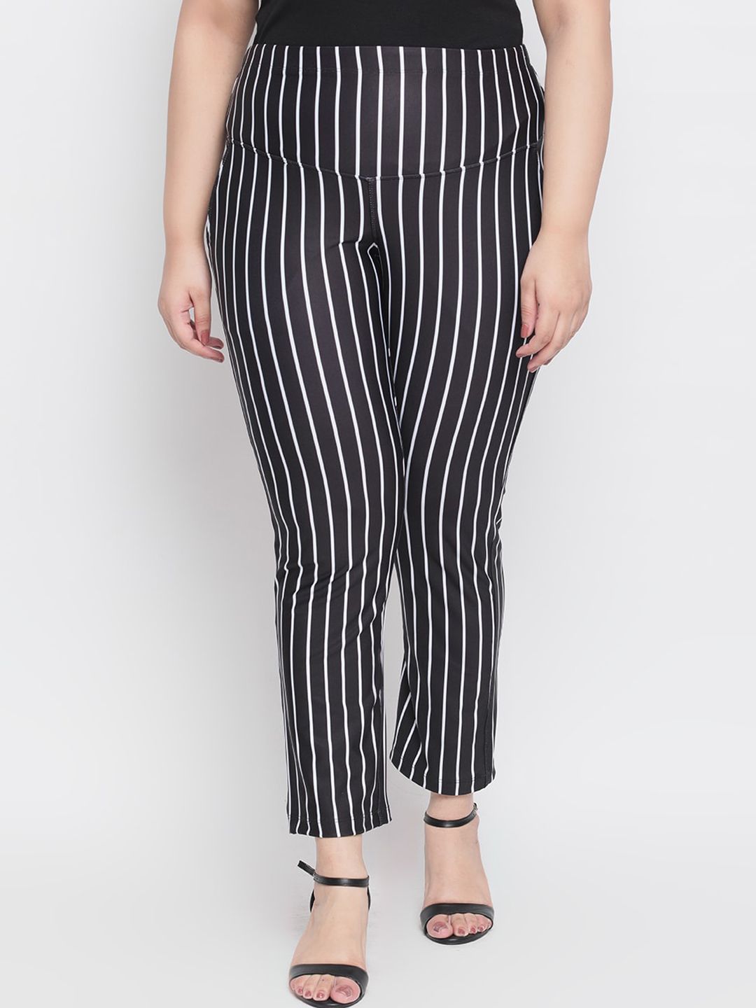 Amydus Women Plus Size Black & White Regular Fit Striped Tummy Shaper Cigarette Trousers Price in India