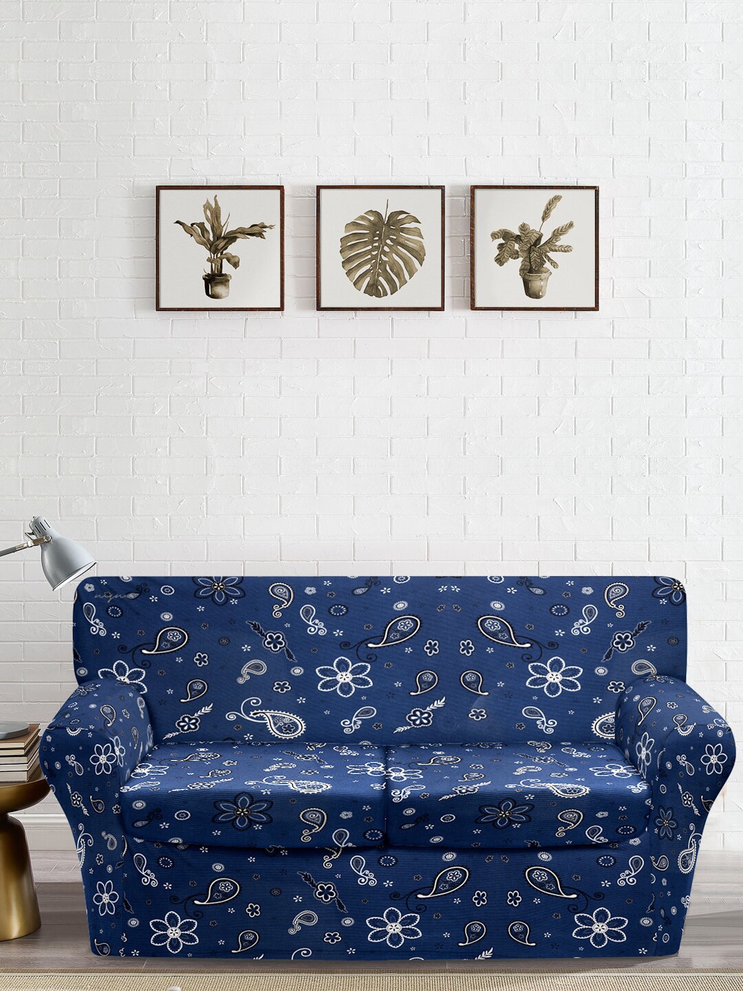 Cortina Navy Blue & White Floral Printed 2-Seater Sofa Cover Price in India