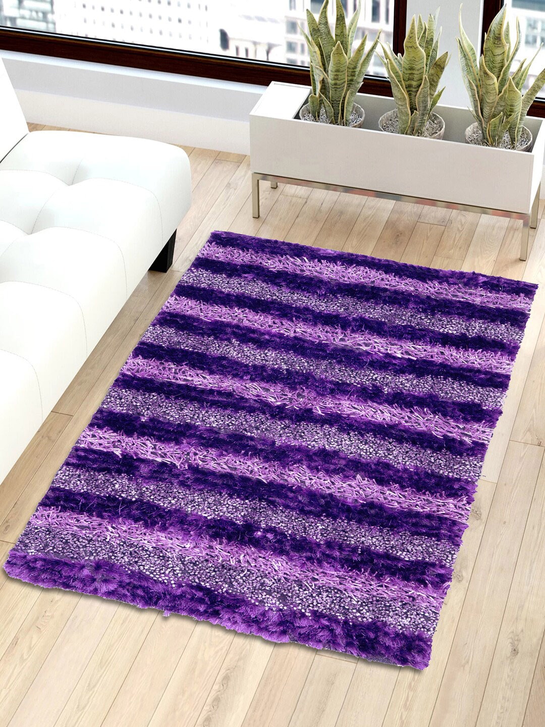 Story@home Purple Striped Shaggy Fluffy Fur Polyester Anti-Slip Carpet Price in India