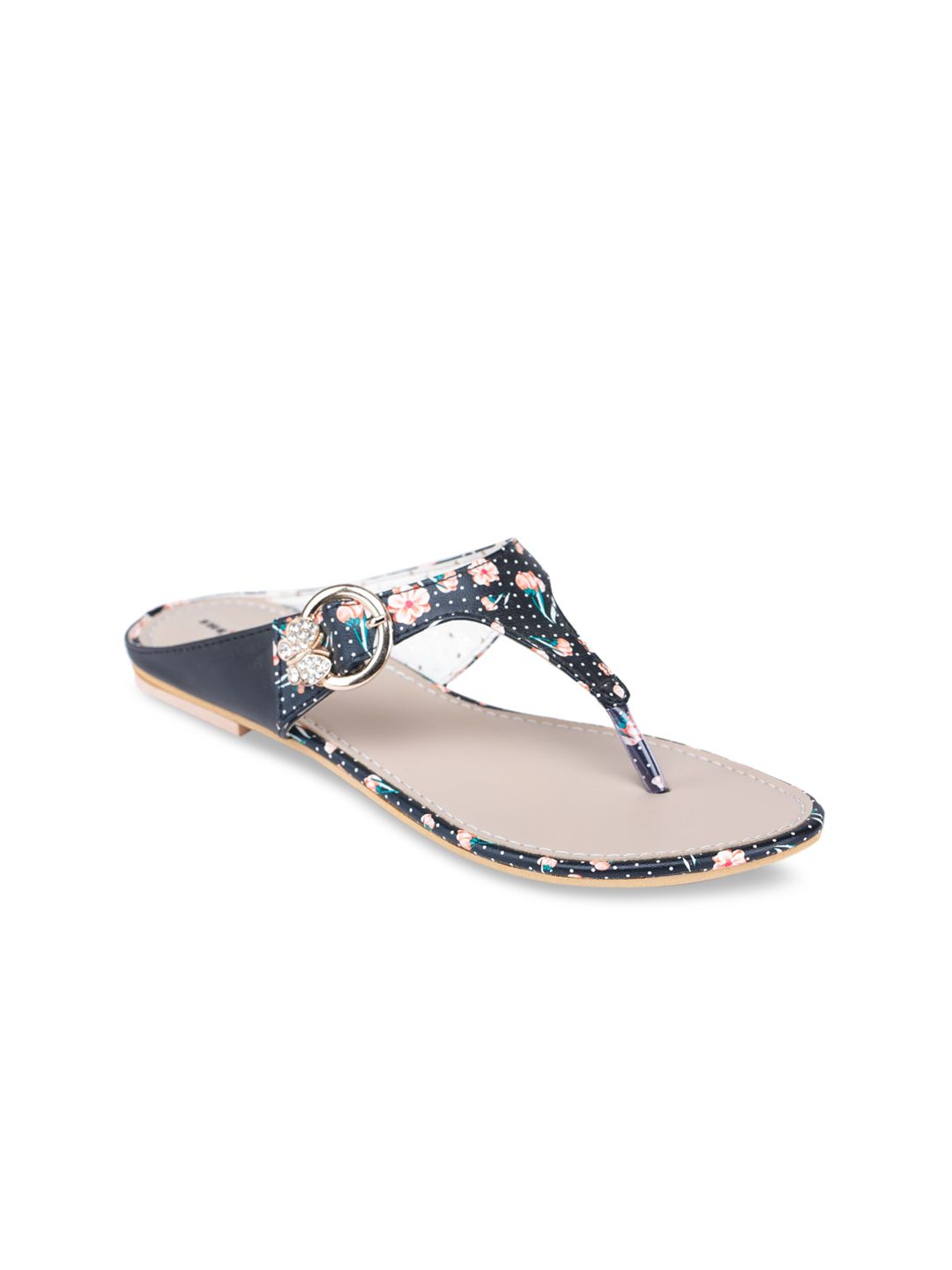 Shezone Women Black & Pink Printed T-Strap Flats Price in India