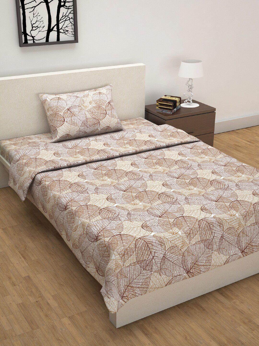 Divine Casa Brown & White Floral Printed Single Bed Bedsheet With Pillow Cover & Dohar Price in India