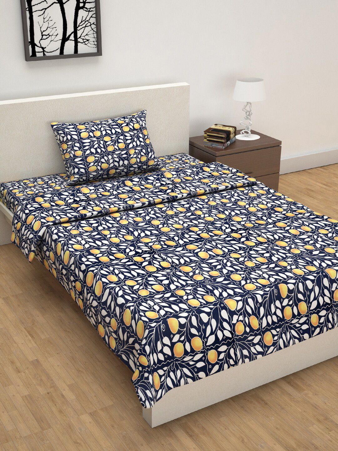 Divine Casa Unisex Navy Blue & White Floral Single Bed Bedsheet With Pillow Cover & Dohar Price in India