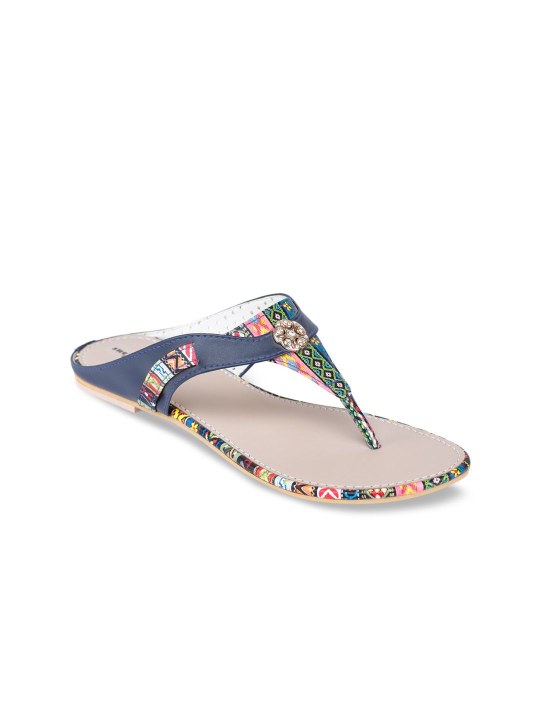 Shezone Women Blue & Pink Printed T-Strap Flats Price in India
