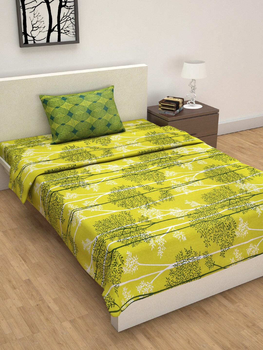 Divine Casa Green & White Floral Single Bed Bedsheet With Pillow Cover & Dohar Price in India