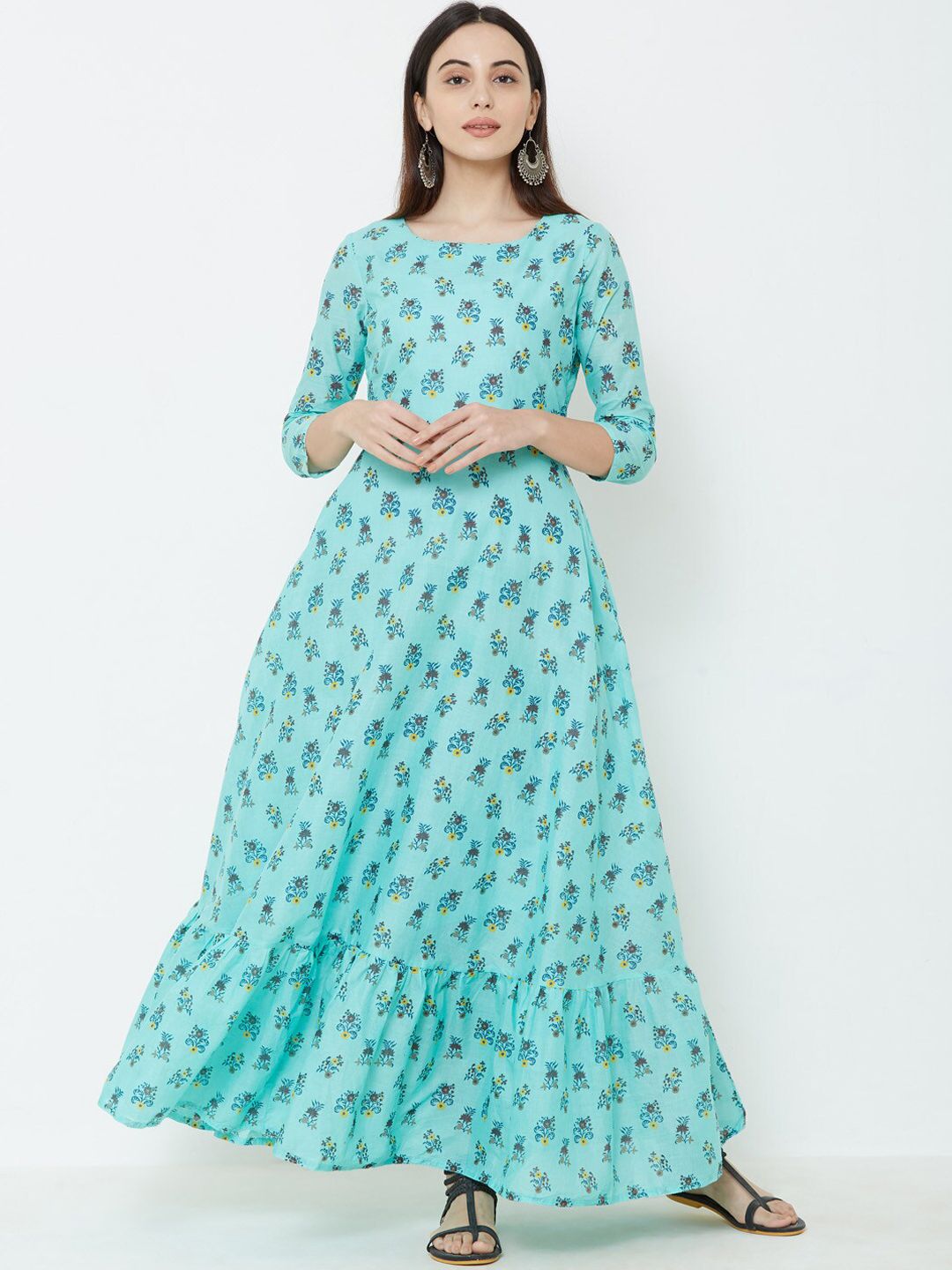 FASHOR Women Sea Green Printed Maxi Dress