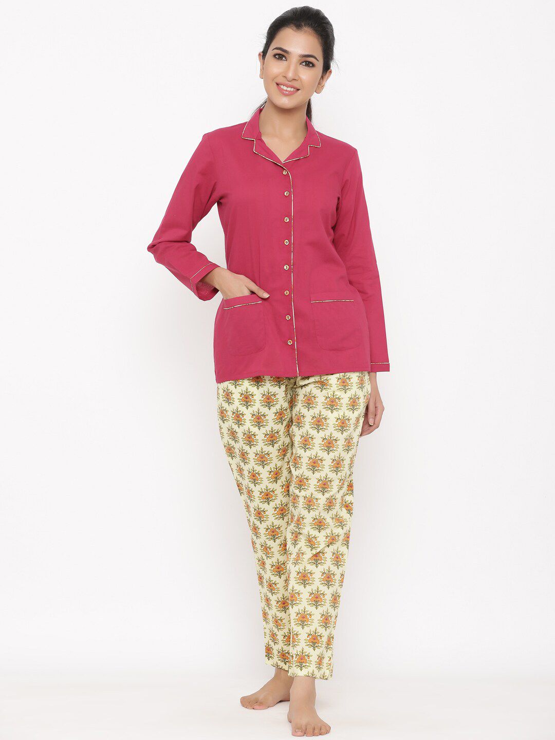 Jaipur Kurti Women Magenta & Yellow Night suit Price in India