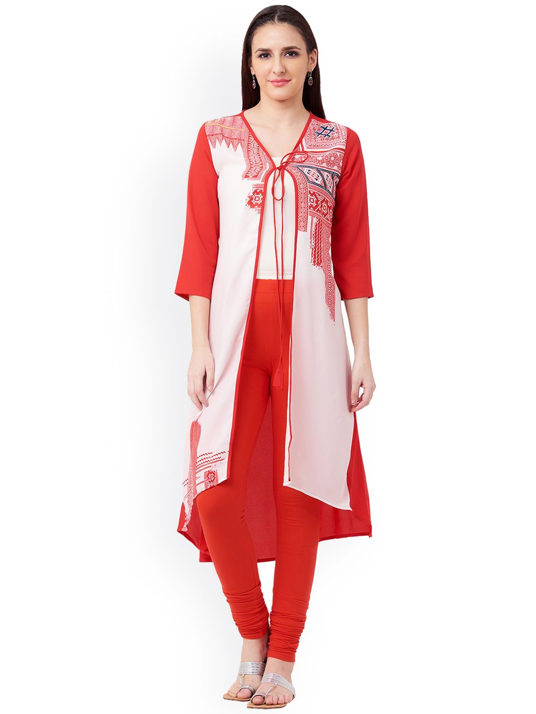 IMARA Women Red & White Printed Tie-Up Shrug Price in India