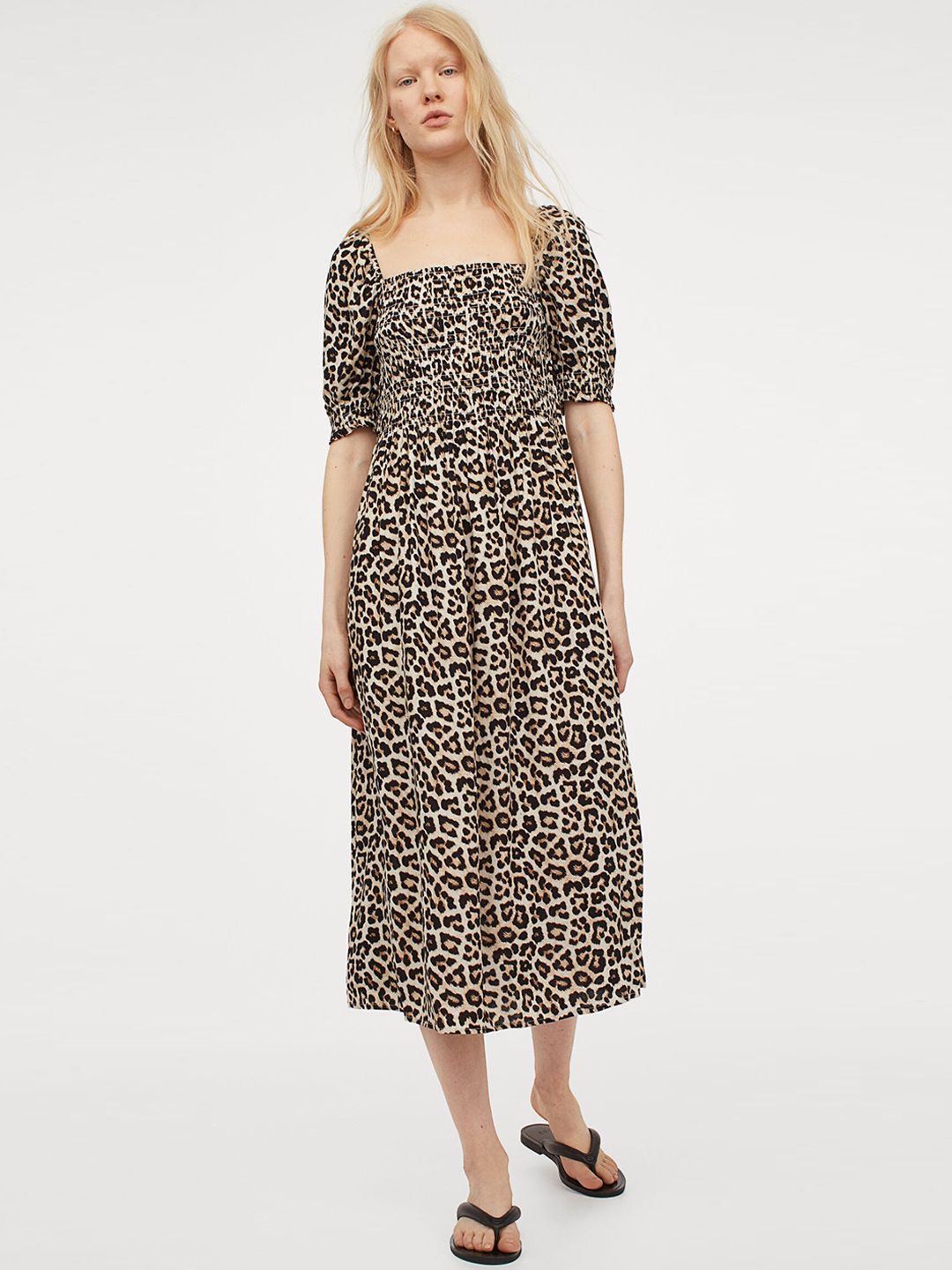 H&M Women Beige & Black Animal Print Puff-Sleeved Dress