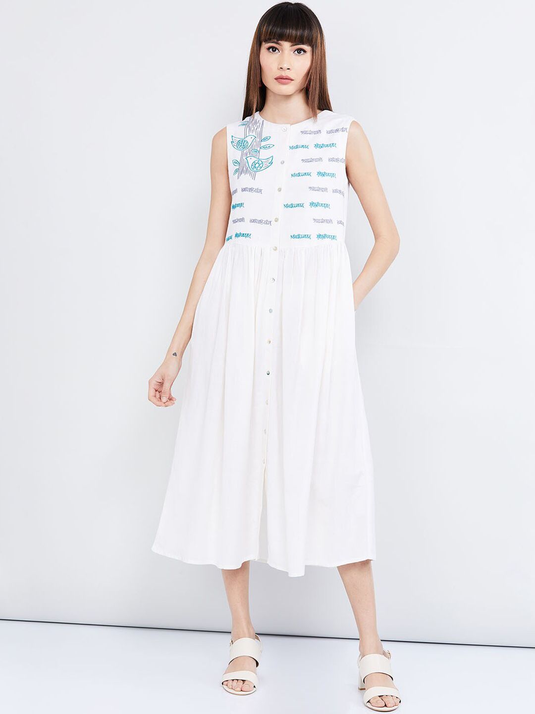 max Women Off-White Printed A-Line Dress