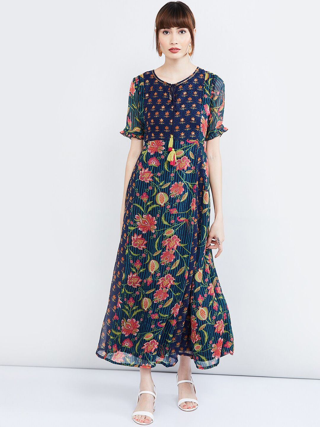 max Women Navy Blue & Pink Floral Printed Ethnic Maxi Dress