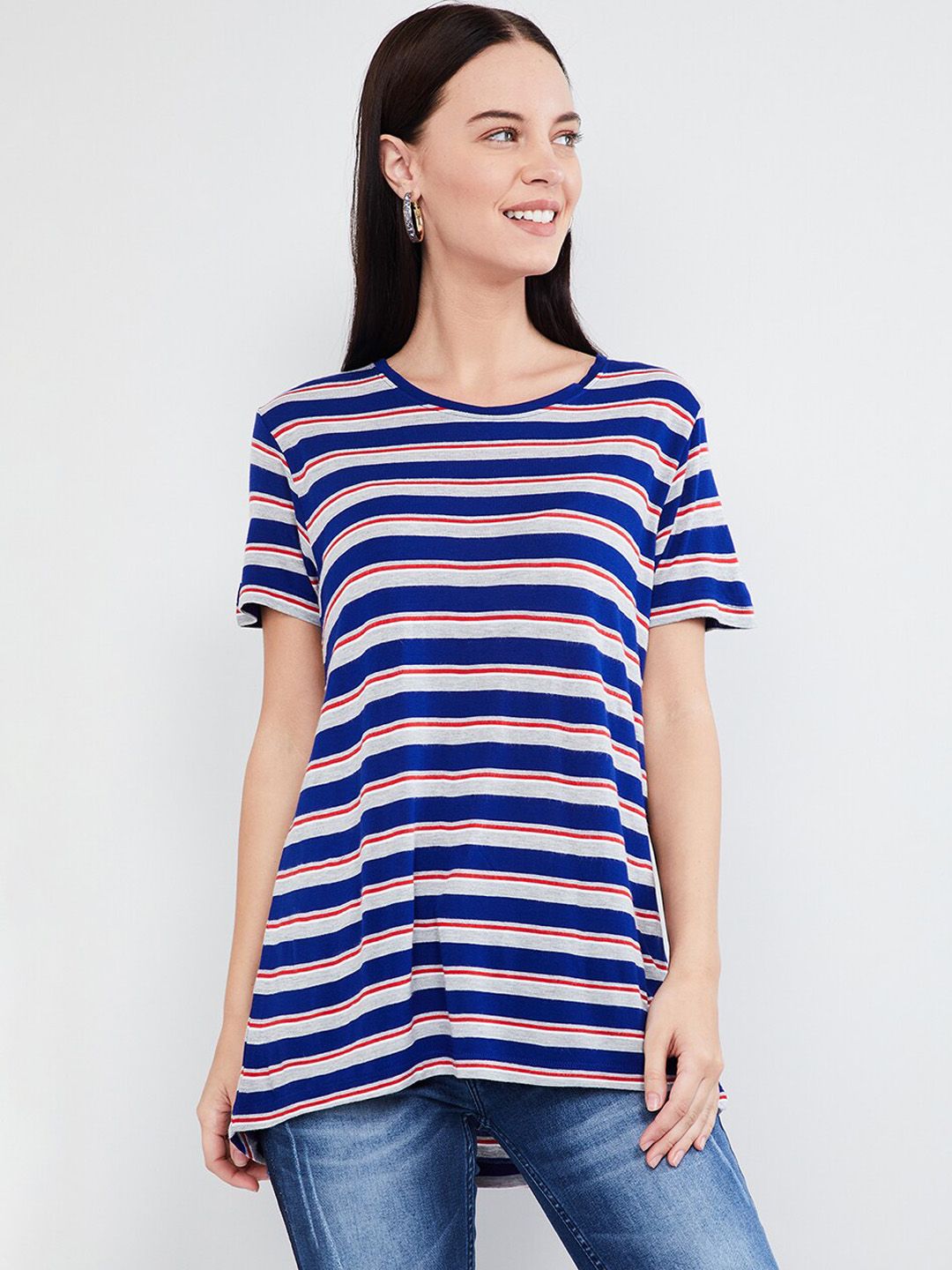 Buy max Women Blue & Grey Printed Round Neck T-shirt - Tshirts for