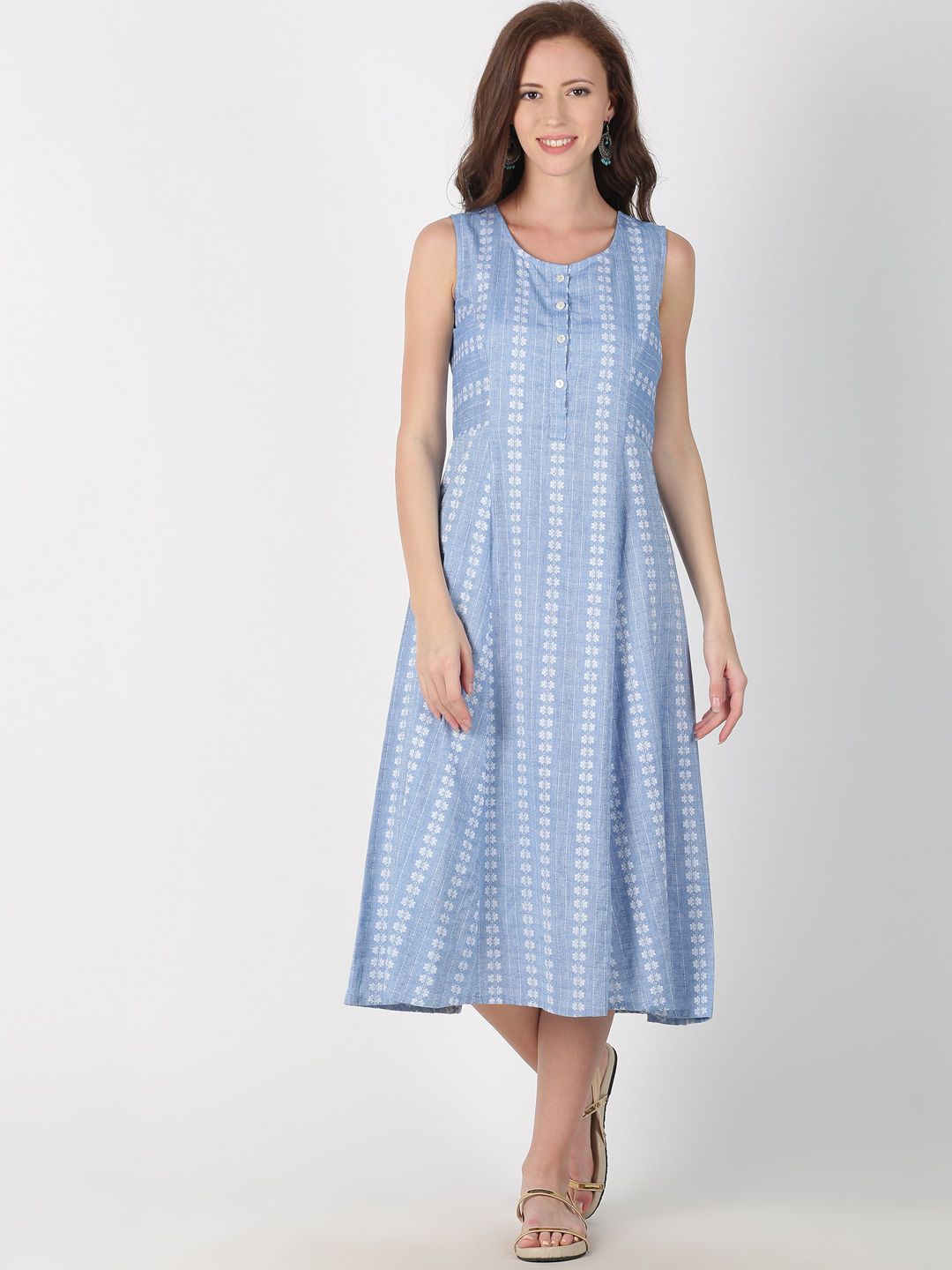 Saffron Threads Women Blue & White Floral Print A-Line Dress Price in India