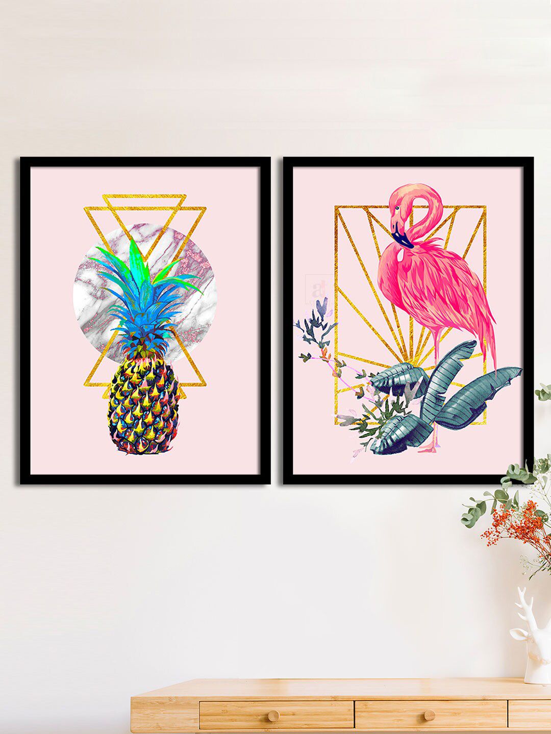 Art Street Set Of 2 Pink & Green Flamingo Matte Print Wall Art Price in India