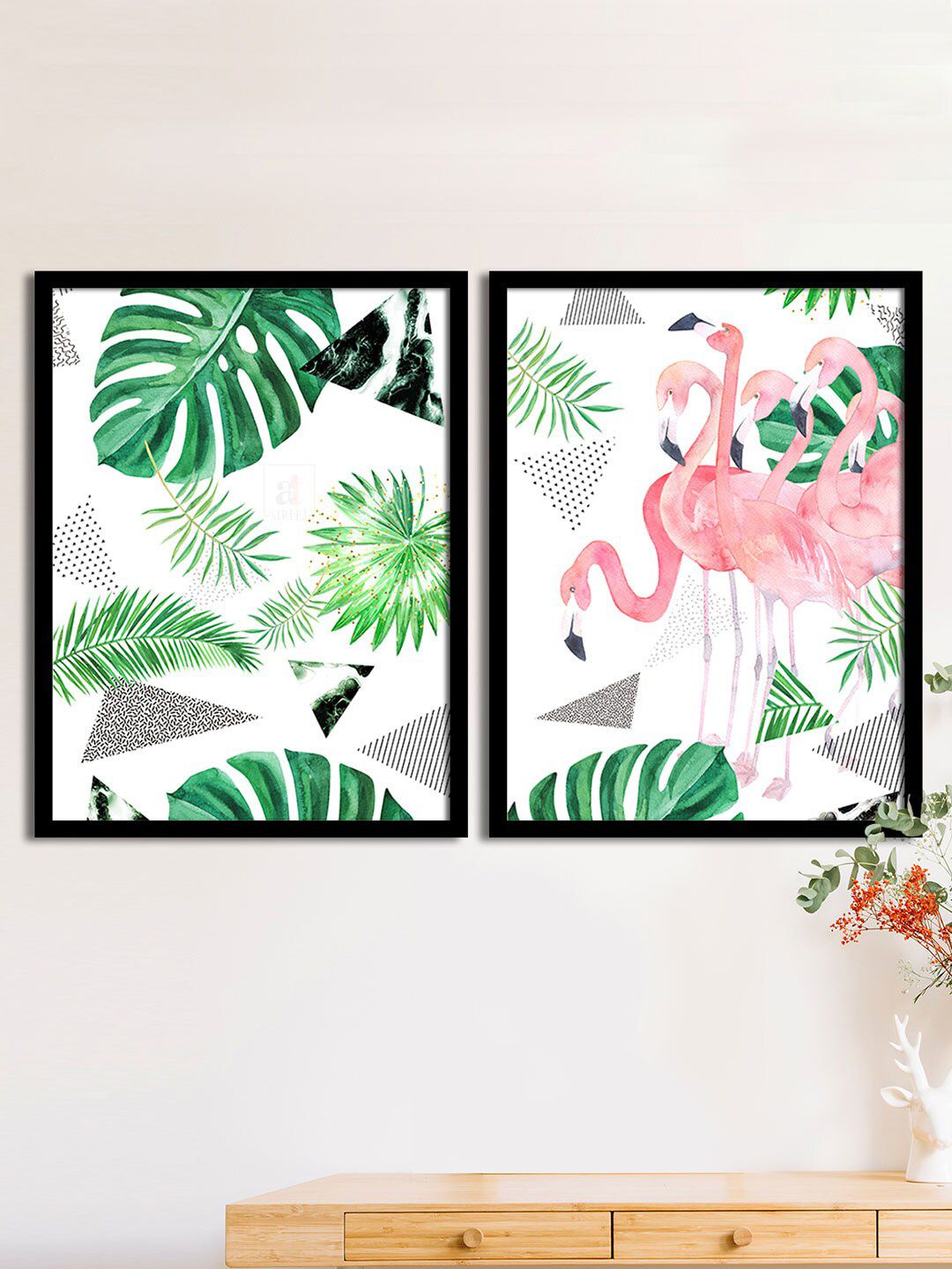 Art Street Set Of 2 Pink & Green Flamingo Matte Printed Wall Arts Price in India