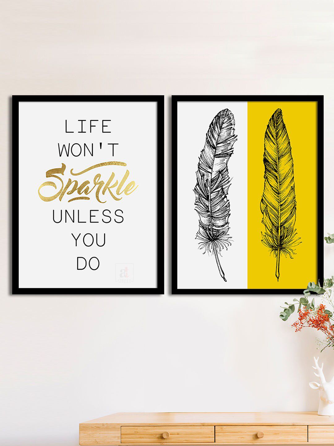 Art Street Set Of 2 White & Yellow Sparkle Matte Printed Wall Arts Price in India