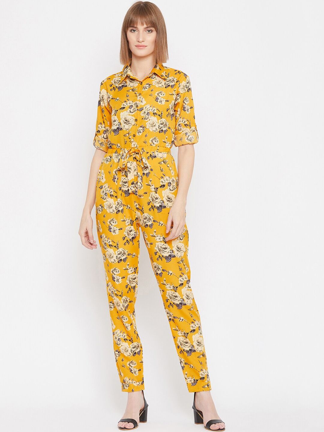 Uptownie Lite Women Yellow & White Floral Printed Basic Jumpsuit