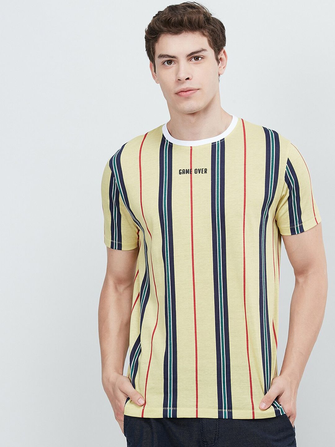 max Men Yellow & Navy Blue Striped Round Neck T-shirt