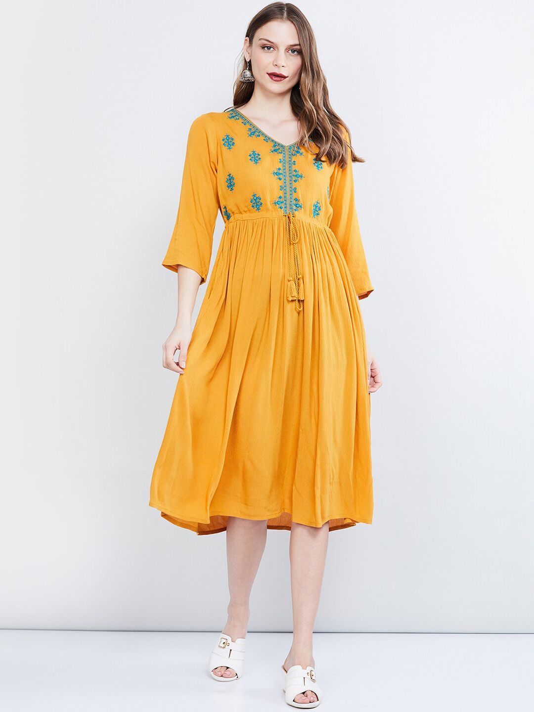 max Women Mustard Yellow Embroidered Ethnic A-Line Dress