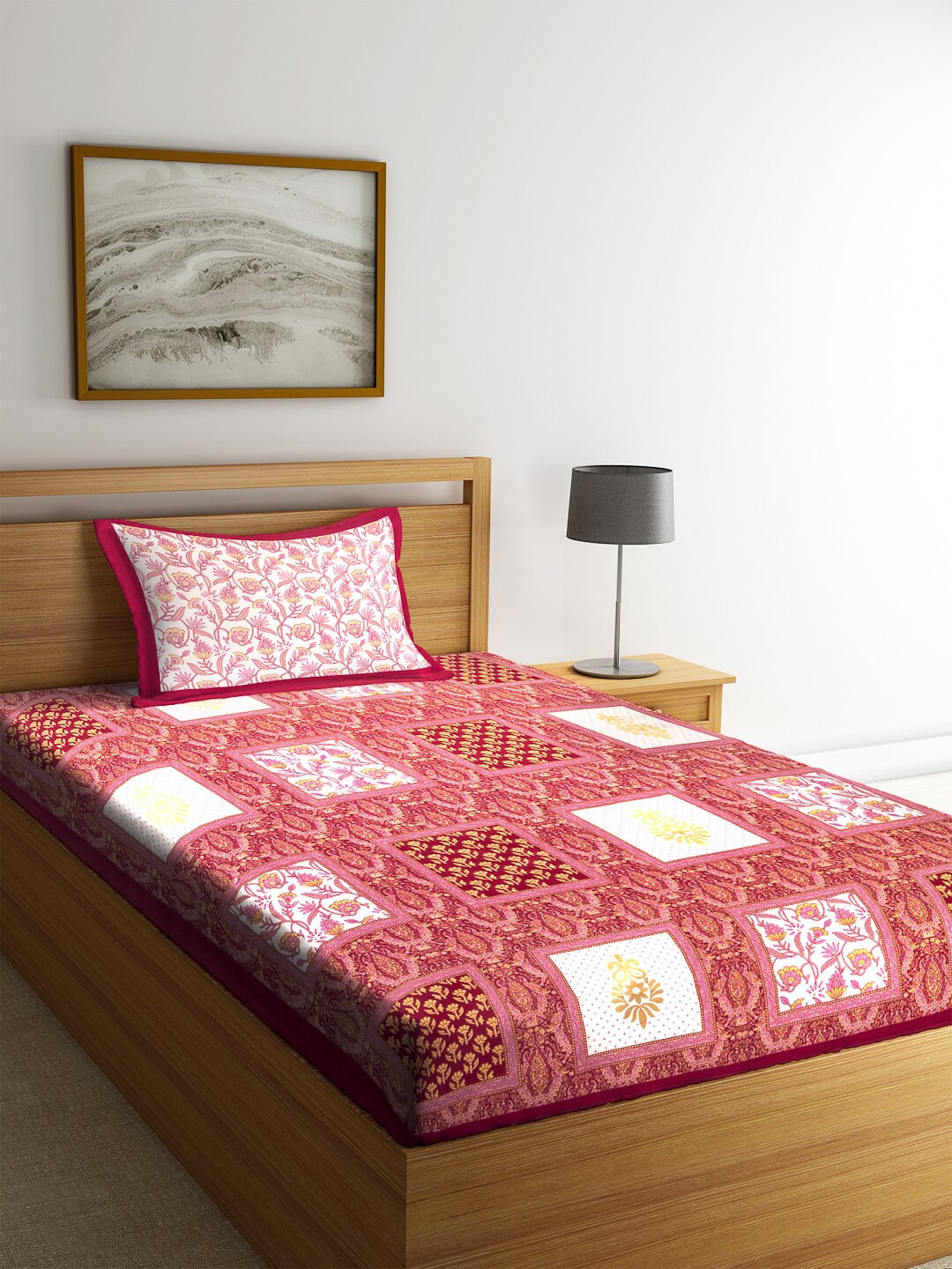 Rajasthan Decor Red & Yellow Floral 144 TC Cotton 1 Single Bedsheet with 1 Pillow Covers Price in India