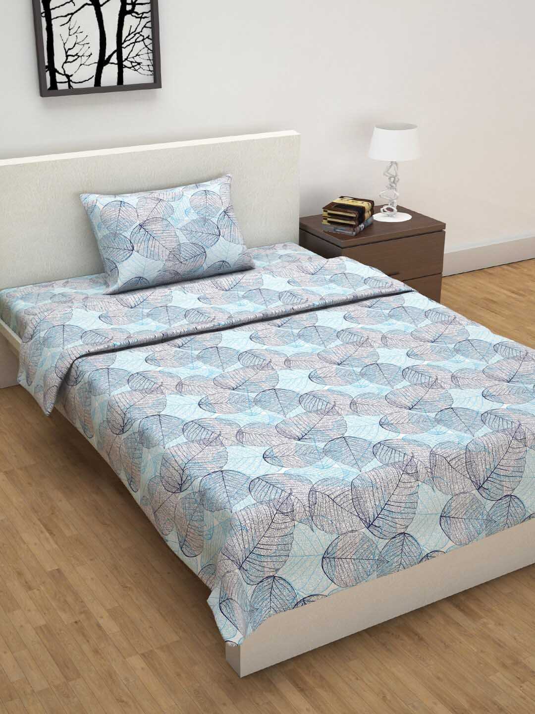 Divine Casa Unisex Blue & White Floral Single Bed Bedsheet With Pillow Cover & Dohar Price in India