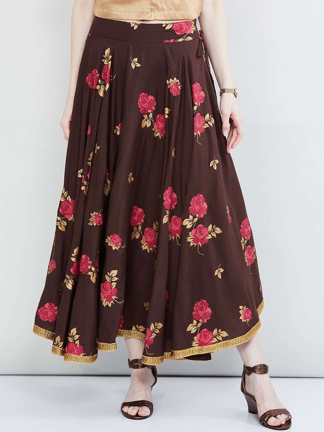 max Women Brown & Pink Floral Printed Flared Maxi Skirt